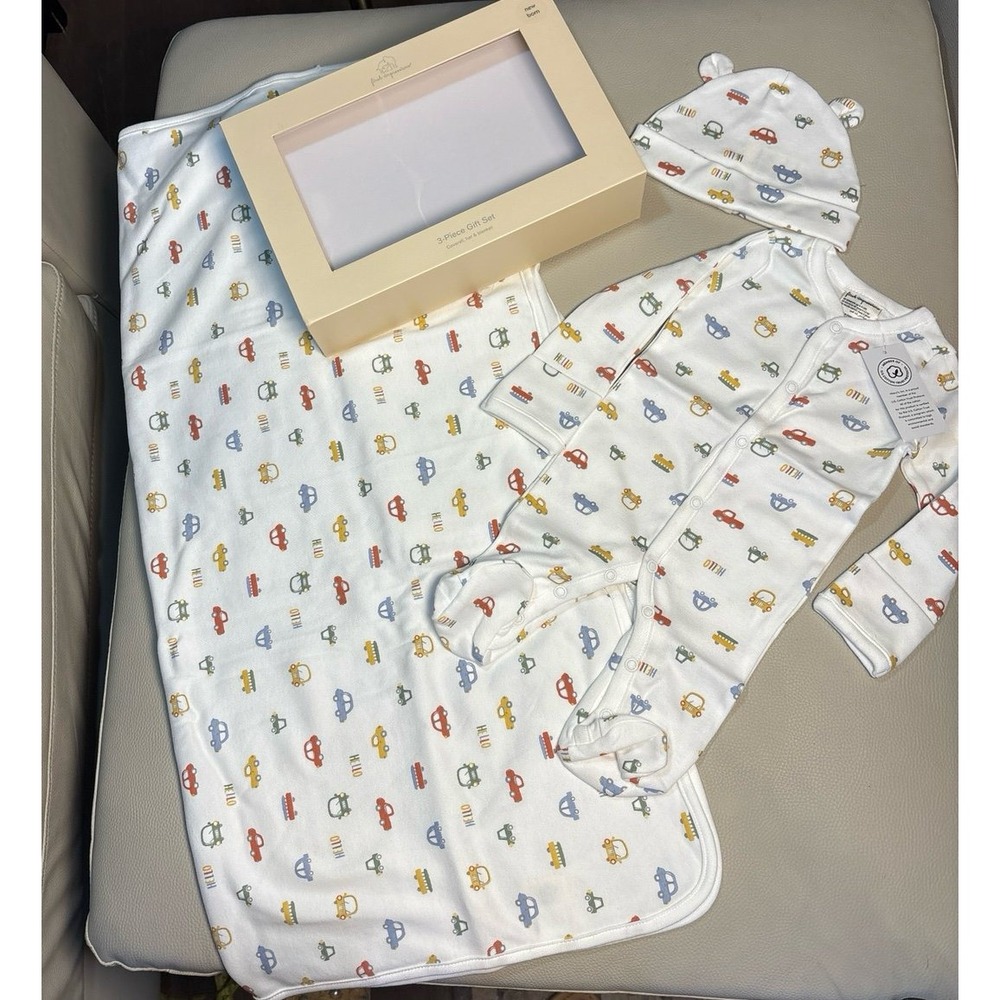NB Baby First Impressions 3-Piece Gift Set Blanket Hat Onesie Car Print NEW